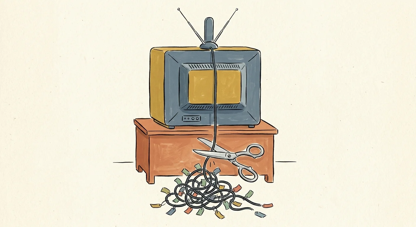An illustration of scissors cleanly cutting a cluttered cable cord on a TV, leaving a simple digital antenna connected.