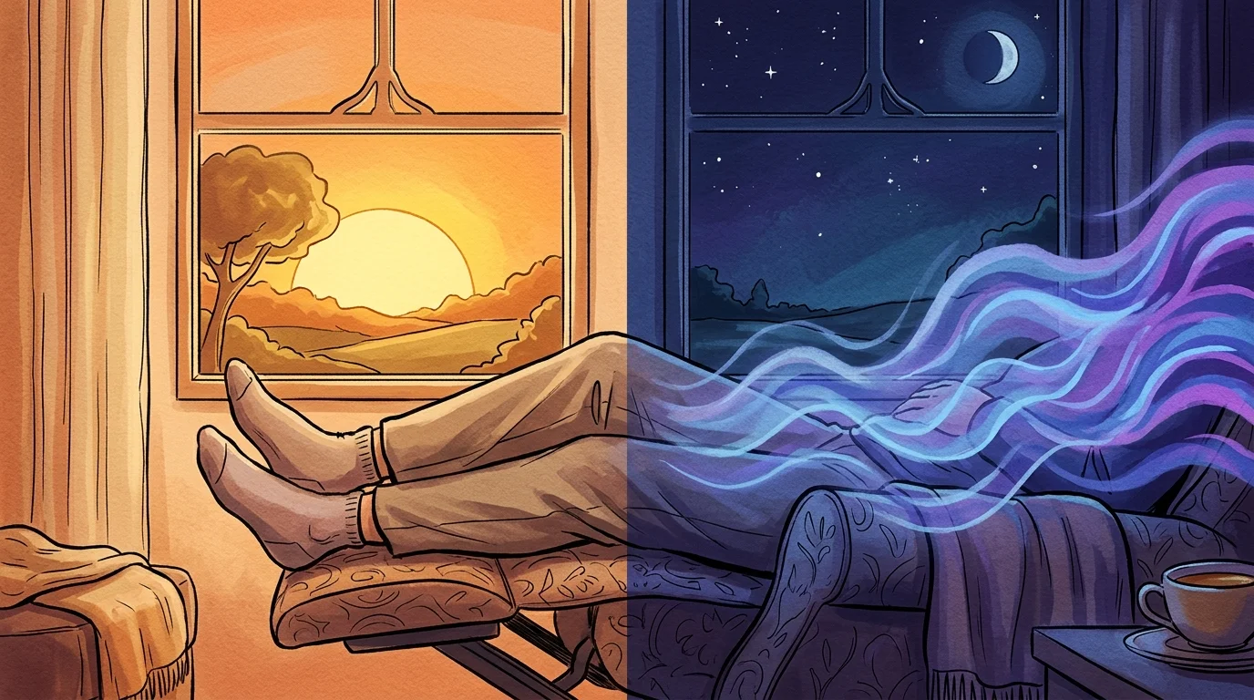 An illustration showing a sunset transitioning to night, with legs on a recliner experiencing increasing blue waves of discomfort.
