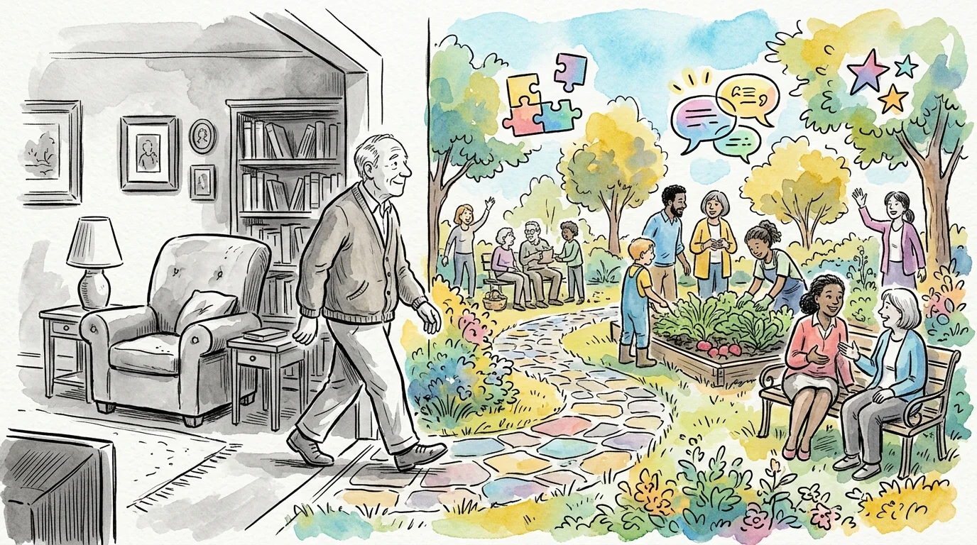 An ink and watercolor drawing of an older man stepping from a gray room onto a vibrant, colorful path filled with community life.