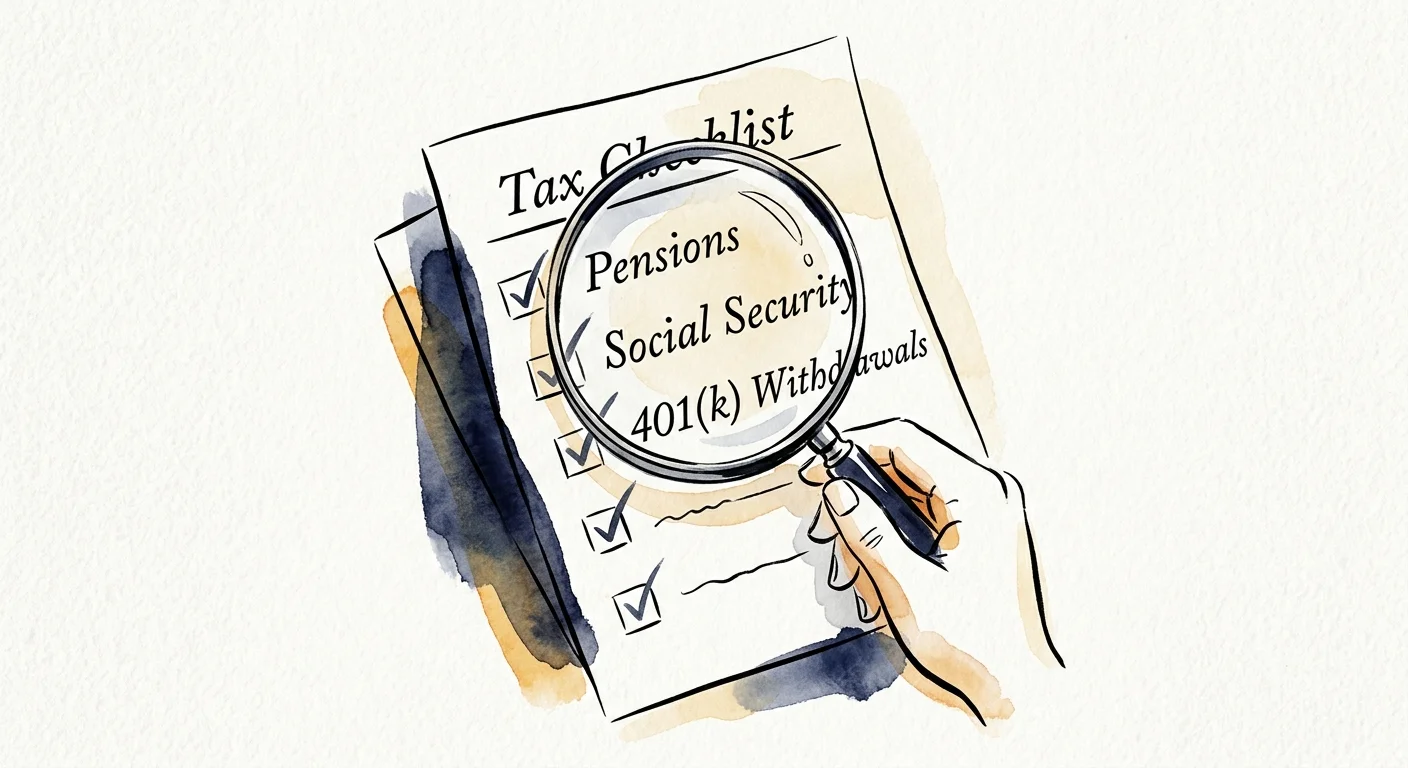An ink and watercolor illustration of a magnifying glass examining a personalized retirement checklist.