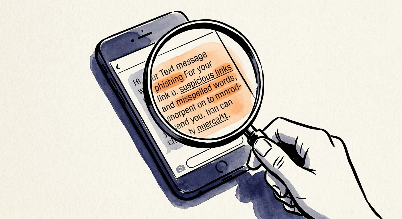 An ink and watercolor illustration of a magnifying glass scanning a phone screen, highlighting potential security threats in orange.