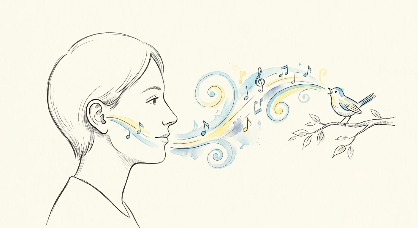 An ink and watercolor illustration of a person clearly hearing a singing bird, symbolizing the joy of addressing hearing health early.