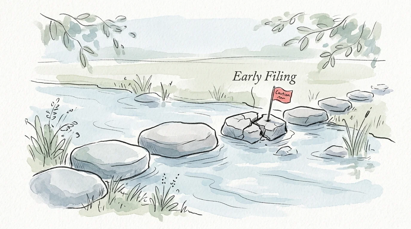 An ink and watercolor illustration of a stepping stone path across a stream, with a cracked stone labeled Early Filing.