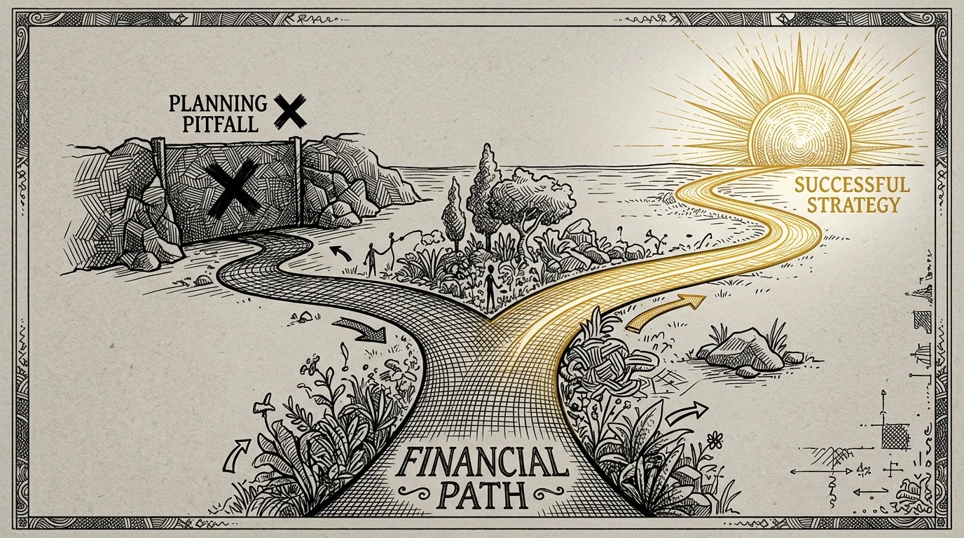 An ink sketch of a winding path splitting into a dead end and a successful route toward a golden sun, symbolizing strategic choices.