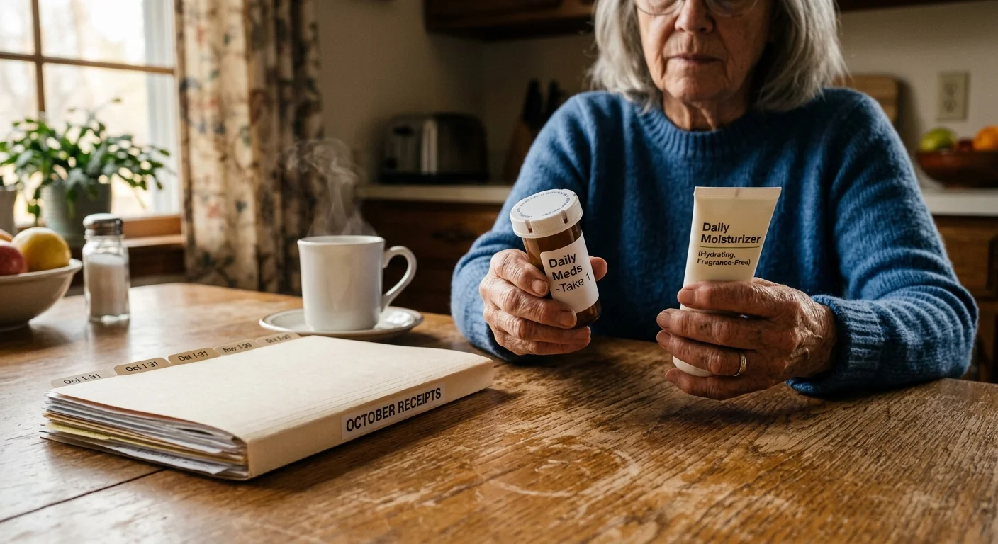 An iPhone-style close-up photo of an older person's hands holding a prescription bottle and moisturizer next to receipts on a table.