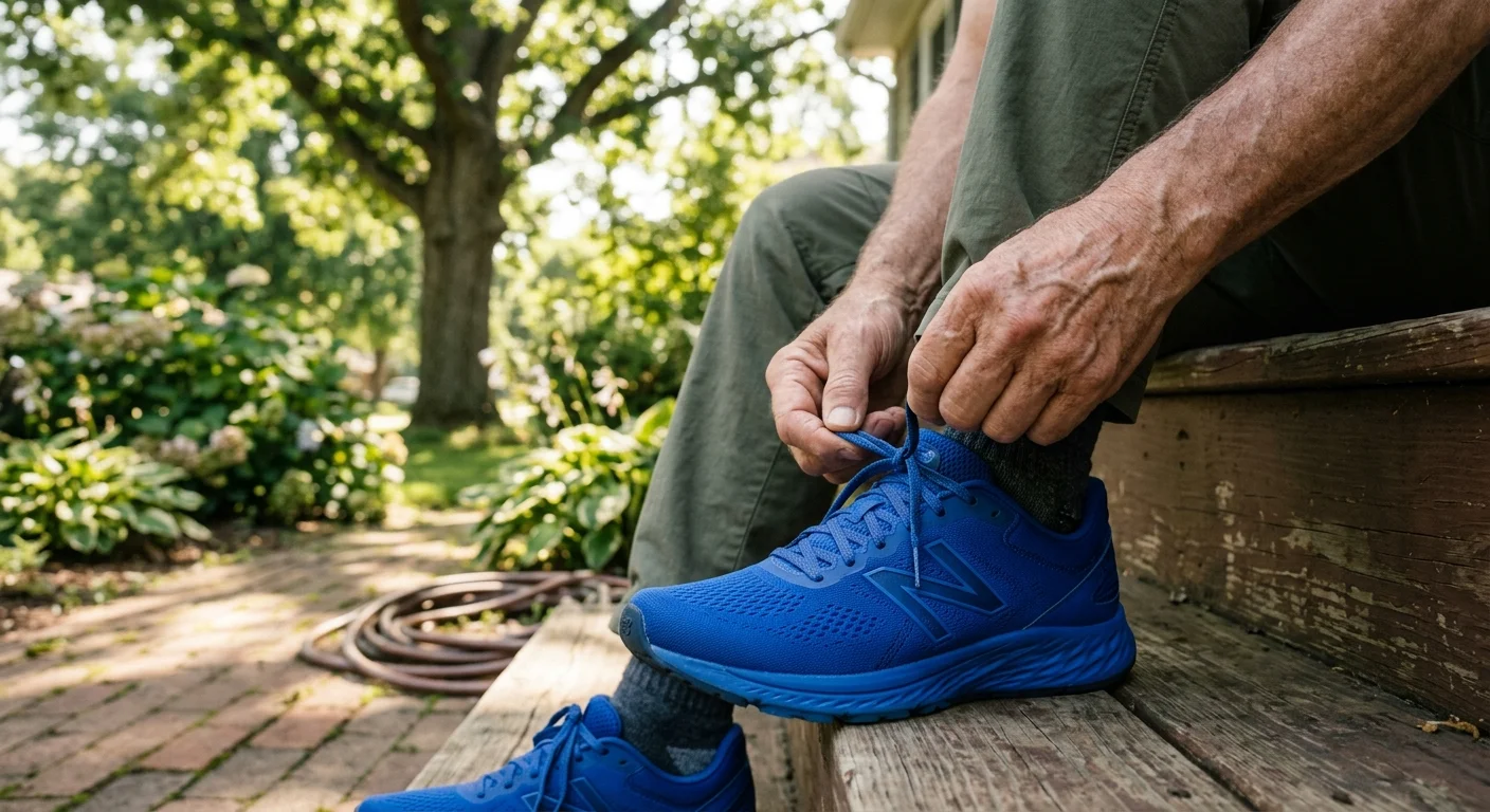 An older adult ties their running shoes on a sunny wooden porch, capturing a real moment of preparation for daily exercise.