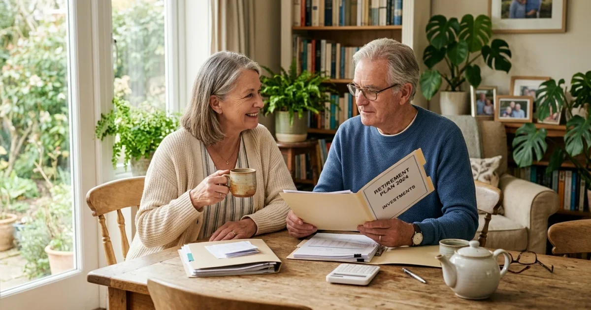An older couple sitting at a sunlit dining table with coffee cups, reviewing their retirement paperwork with relaxed, happy expressions.