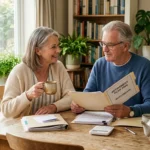 An older couple sitting at a sunlit dining table with coffee cups, reviewing their retirement paperwork with relaxed, happy expressions.