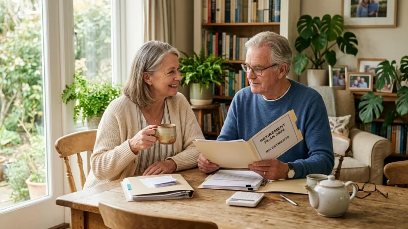 An older couple sitting at a sunlit dining table with coffee cups, reviewing their retirement paperwork with relaxed, happy expressions.