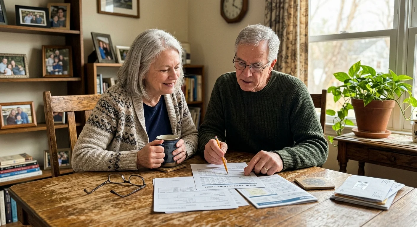 An older couple sitting at their sunlit dining table, reviewing documents together in a warm, candid photo.