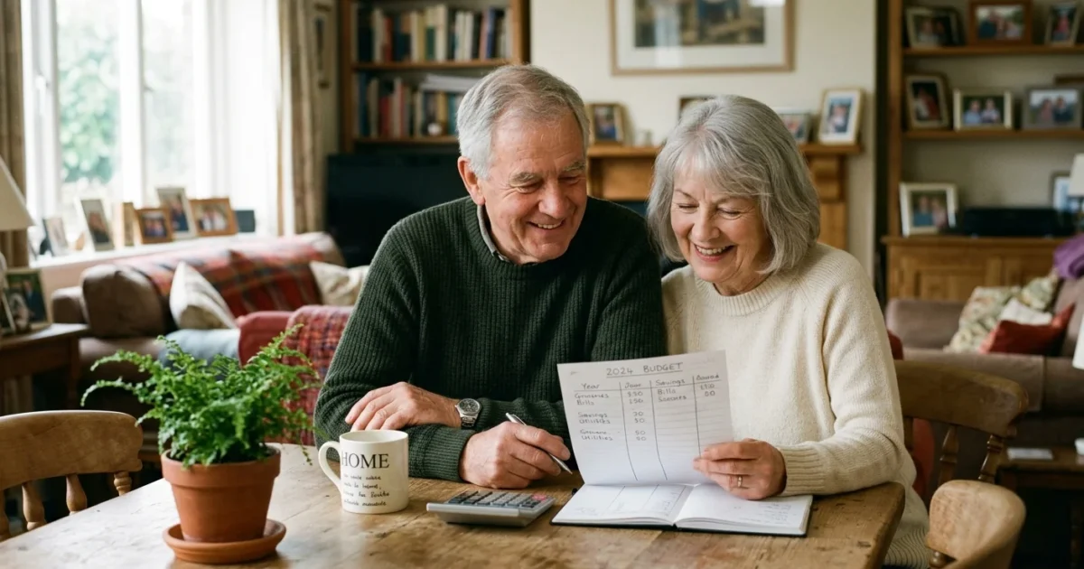 An older couple smiles warmly while reviewing a handwritten budget planner at their sunlit wooden dining table at home.