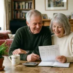 An older couple smiles warmly while reviewing a handwritten budget planner at their sunlit wooden dining table at home.
