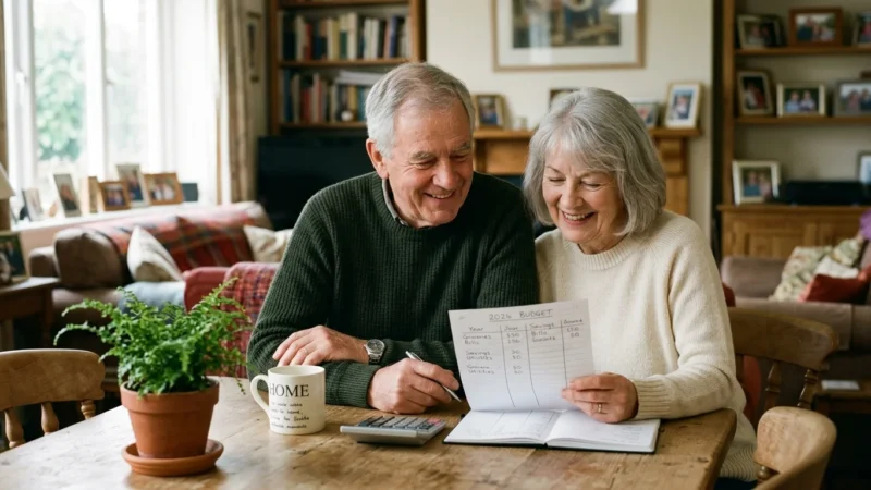 An older couple smiles warmly while reviewing a handwritten budget planner at their sunlit wooden dining table at home.