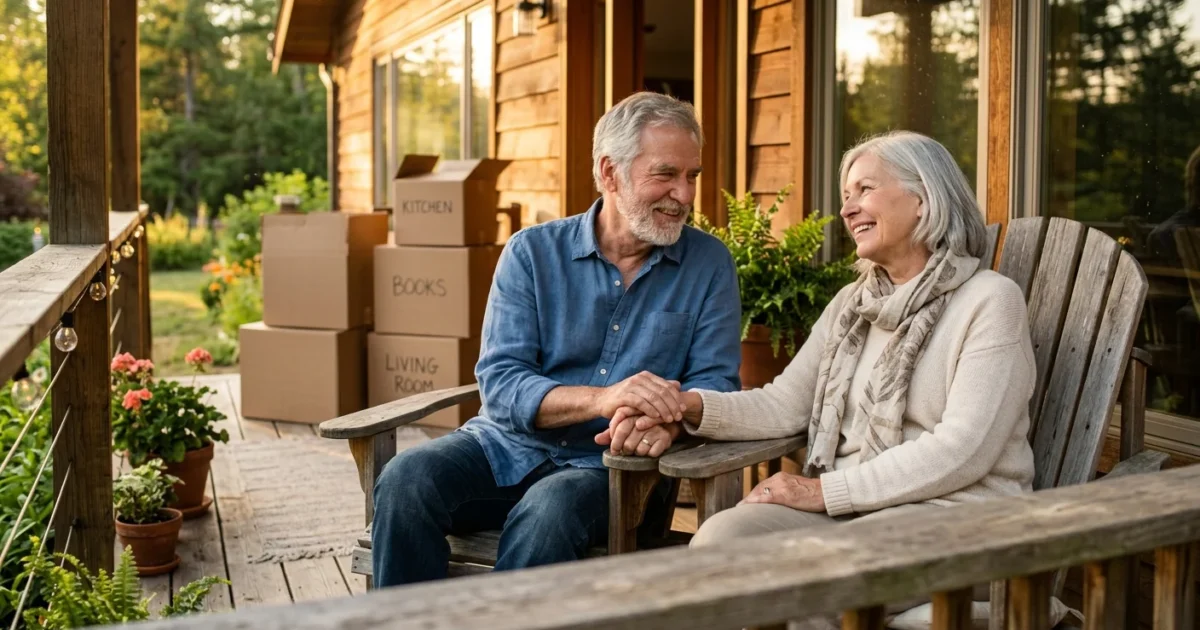 An older couple smiling on the porch of their new home during golden hour, with partially unpacked moving boxes in the background.