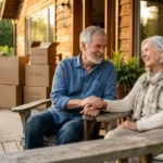 An older couple smiling on the porch of their new home during golden hour, with partially unpacked moving boxes in the background.