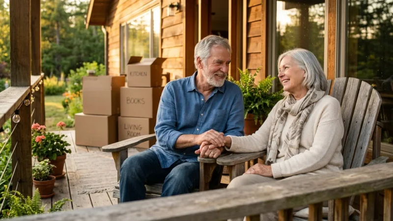 An older couple smiling on the porch of their new home during golden hour, with partially unpacked moving boxes in the background.