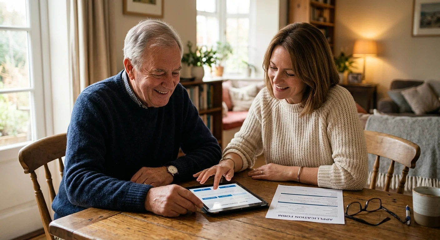 An older man and his daughter smiling while looking at a tablet together at a dining table, working on an application.