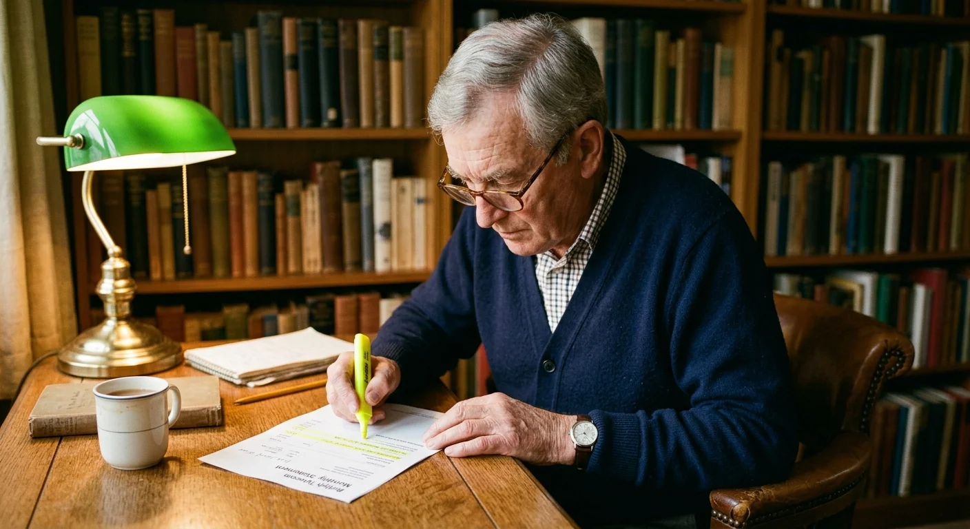 An older man focused on highlighting a specific line item on a printed phone bill at his desk under warm lamplight.