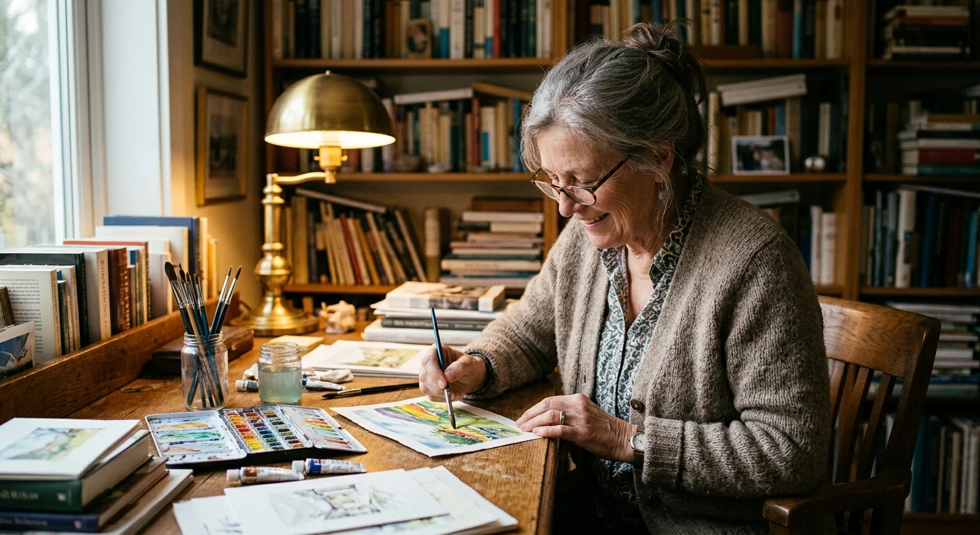 An older woman focuses on her watercolor painting at a wooden desk in her cozy, sunlit home study.