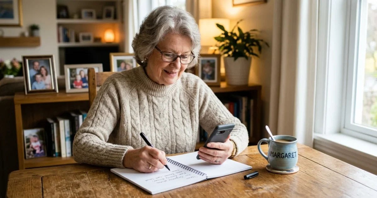 An older woman smiles holding her smartphone next to a notepad on a sunlit kitchen table, feeling empowered.