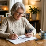 An older woman smiles holding her smartphone next to a notepad on a sunlit kitchen table, feeling empowered.