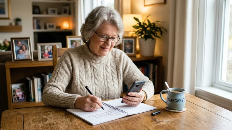 An older woman smiles holding her smartphone next to a notepad on a sunlit kitchen table, feeling empowered.