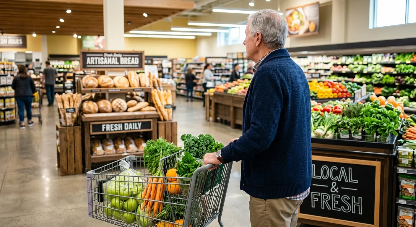 An over-the-shoulder photo of an older man pushing a shopping cart filled with fresh produce through a clean grocery aisle.