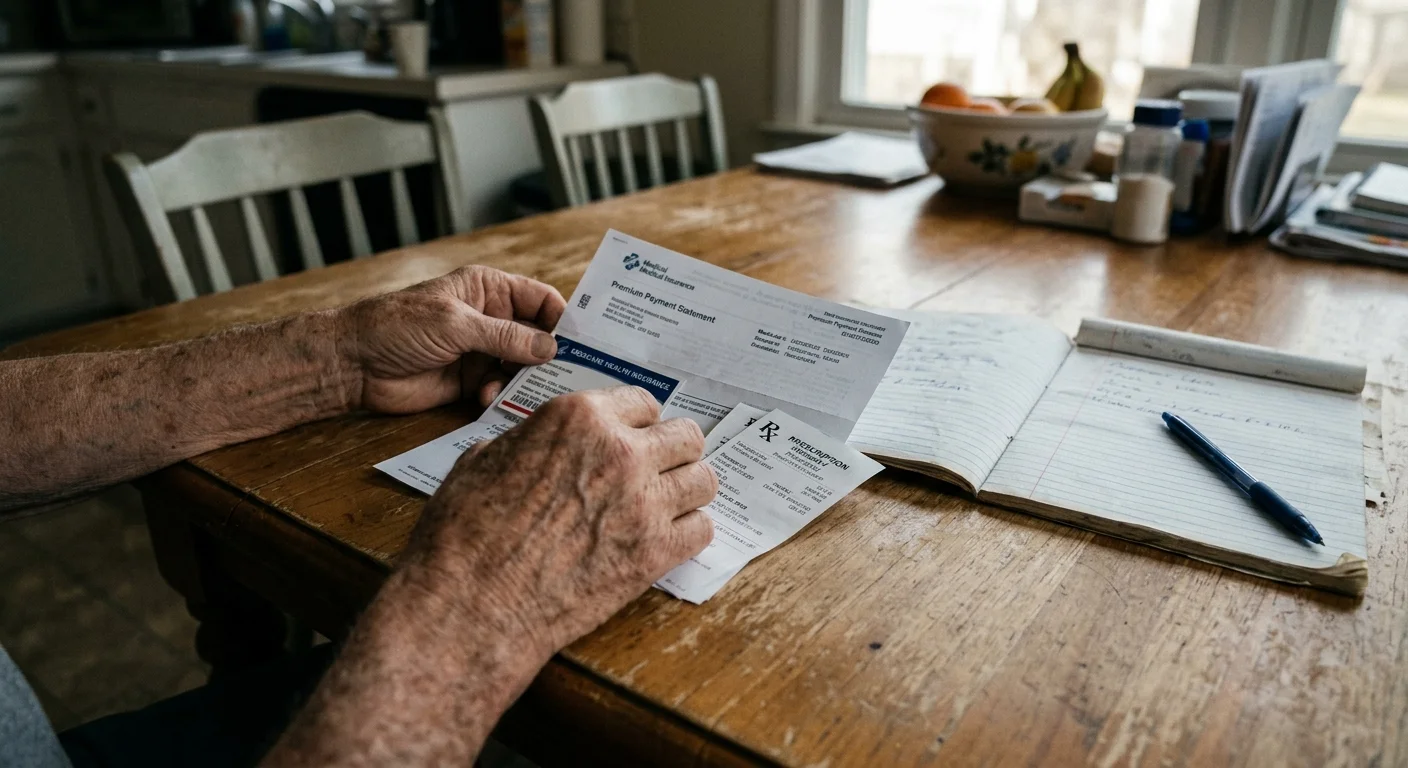 Close-up of a senior's hands organizing Medicare documents and medical receipts on a wooden kitchen table.
