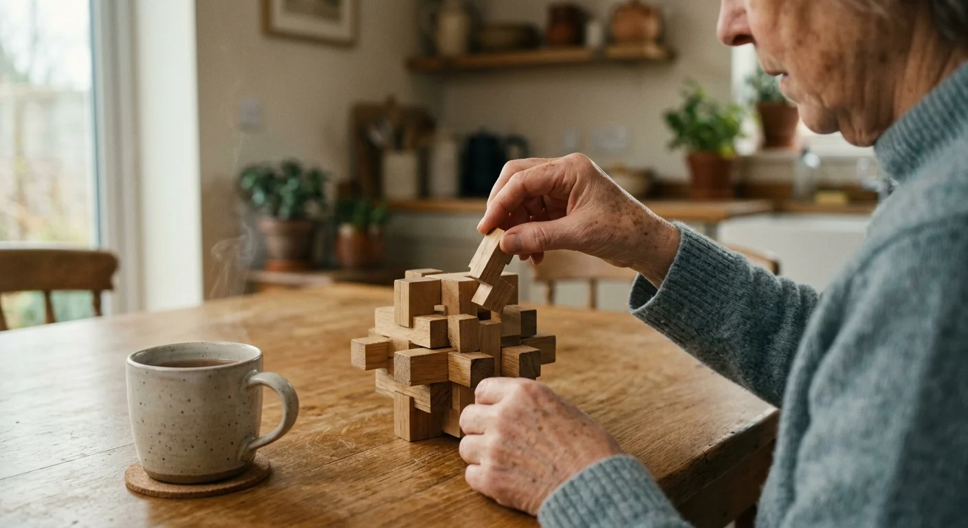 Close-up photo of an older adult's hands carefully assembling a complex wooden geometric puzzle on a cozy kitchen table.