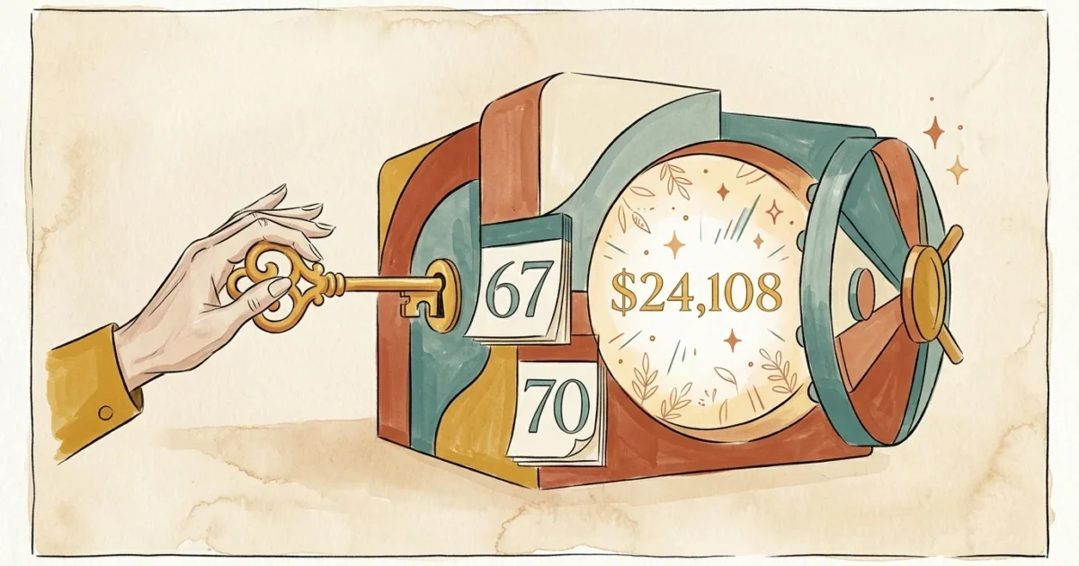 Editorial illustration of a golden key unlocking a vault labeled with retirement ages, revealing a substantial financial boost.