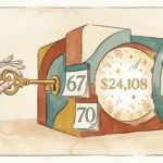 Editorial illustration of a golden key unlocking a vault labeled with retirement ages, revealing a substantial financial boost.
