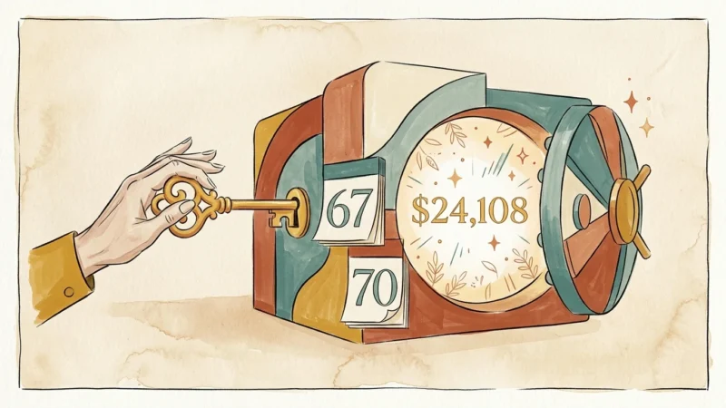 Editorial illustration of a golden key unlocking a vault labeled with retirement ages, revealing a substantial financial boost.