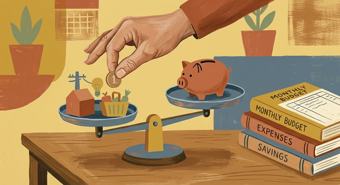Gouache illustration of a balance scale with household items on one side and a piggy bank on the other, depicting a balanced retirement budg