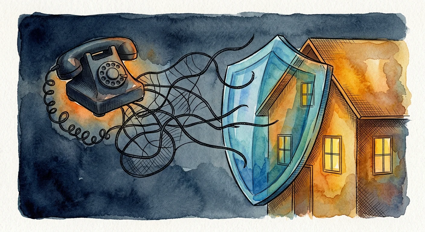 Illustration of a stylized telephone with web-like wires attempting to reach a glowing home protected by a blue shield.