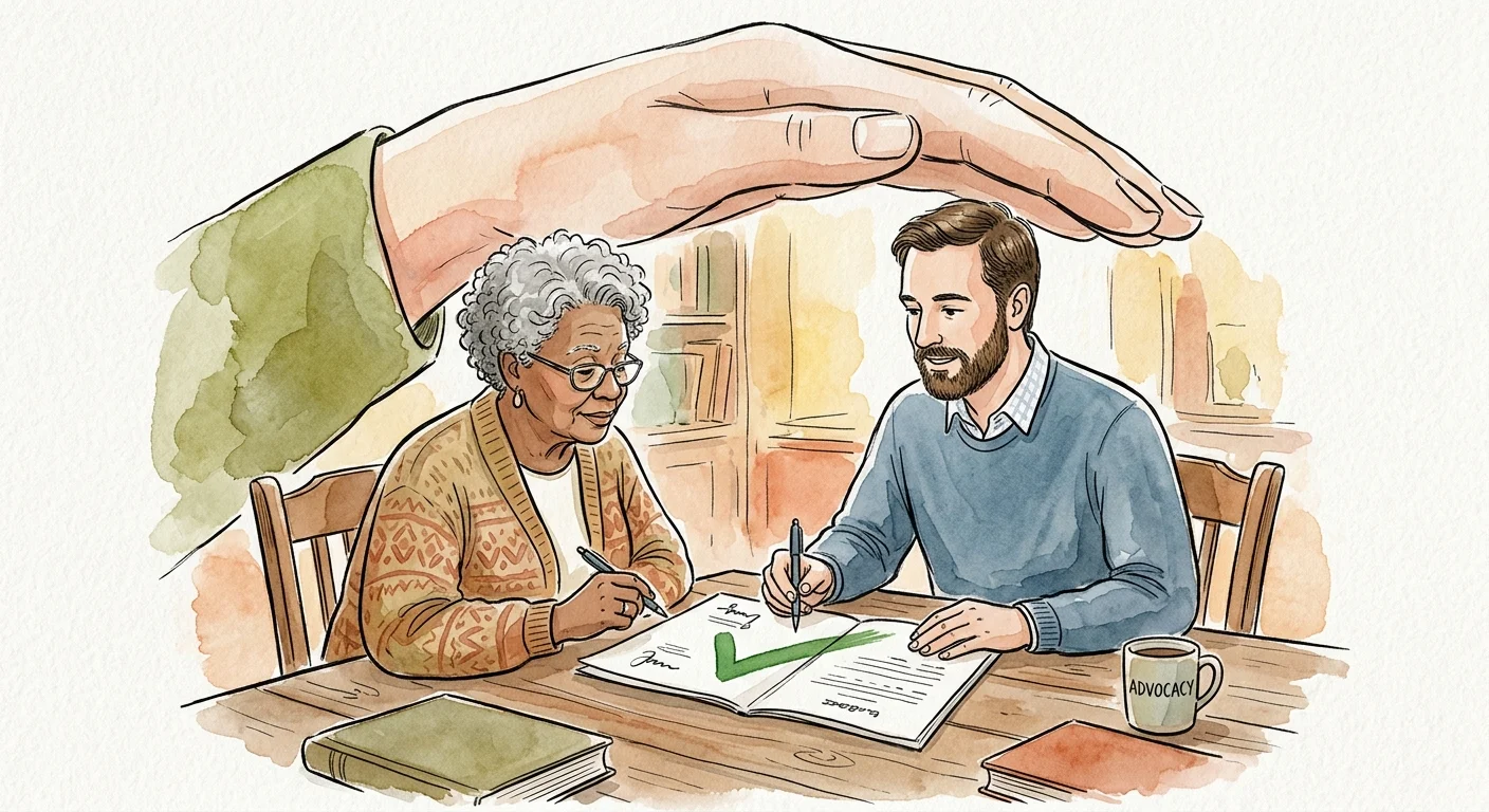 Illustration of an older client and an attorney reviewing a document together under a warm, protective hand symbol.