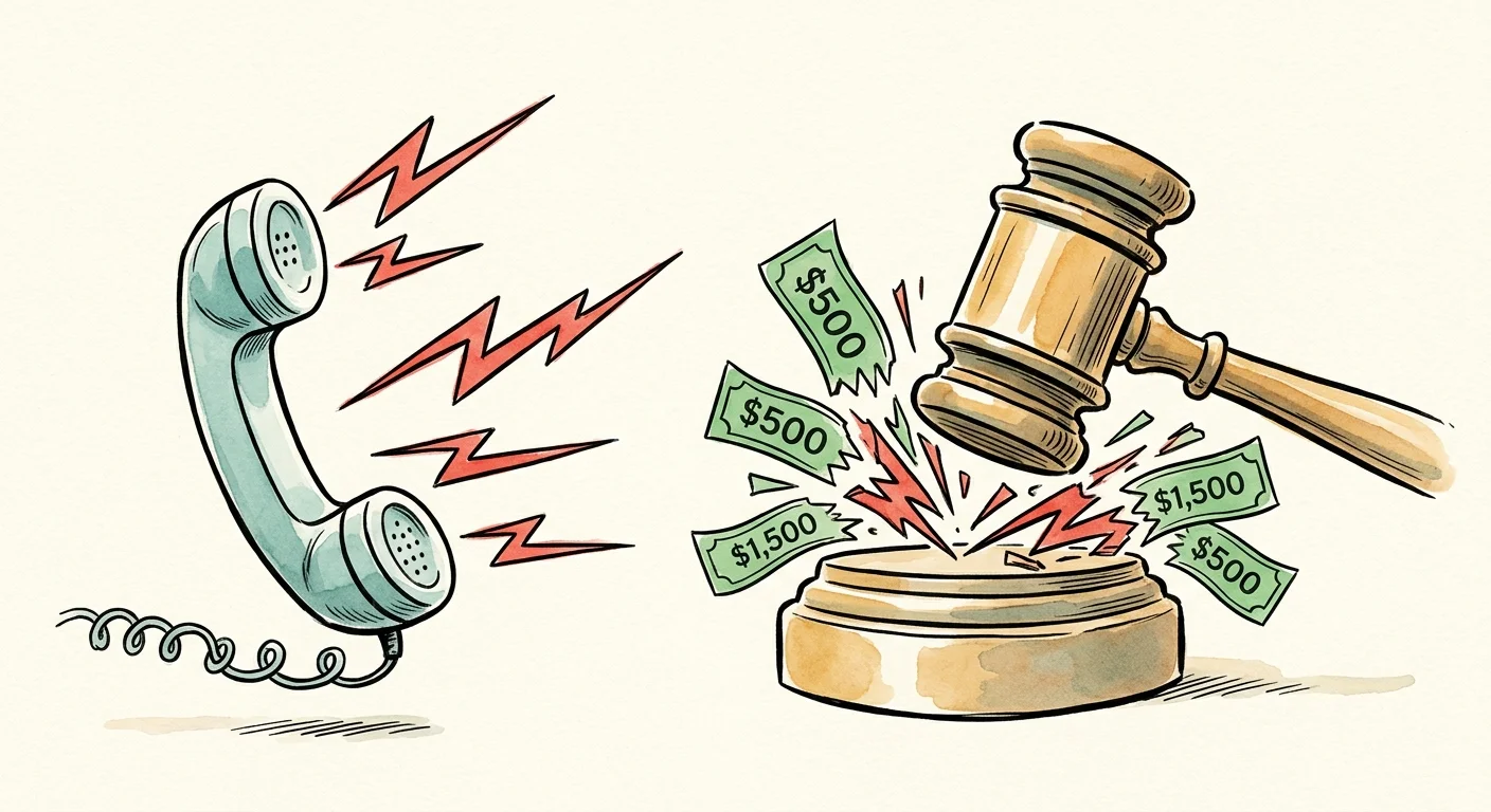 Ink and watercolor illustration of a judge's gavel striking down on annoying phone signals, turning them into dollar bills.