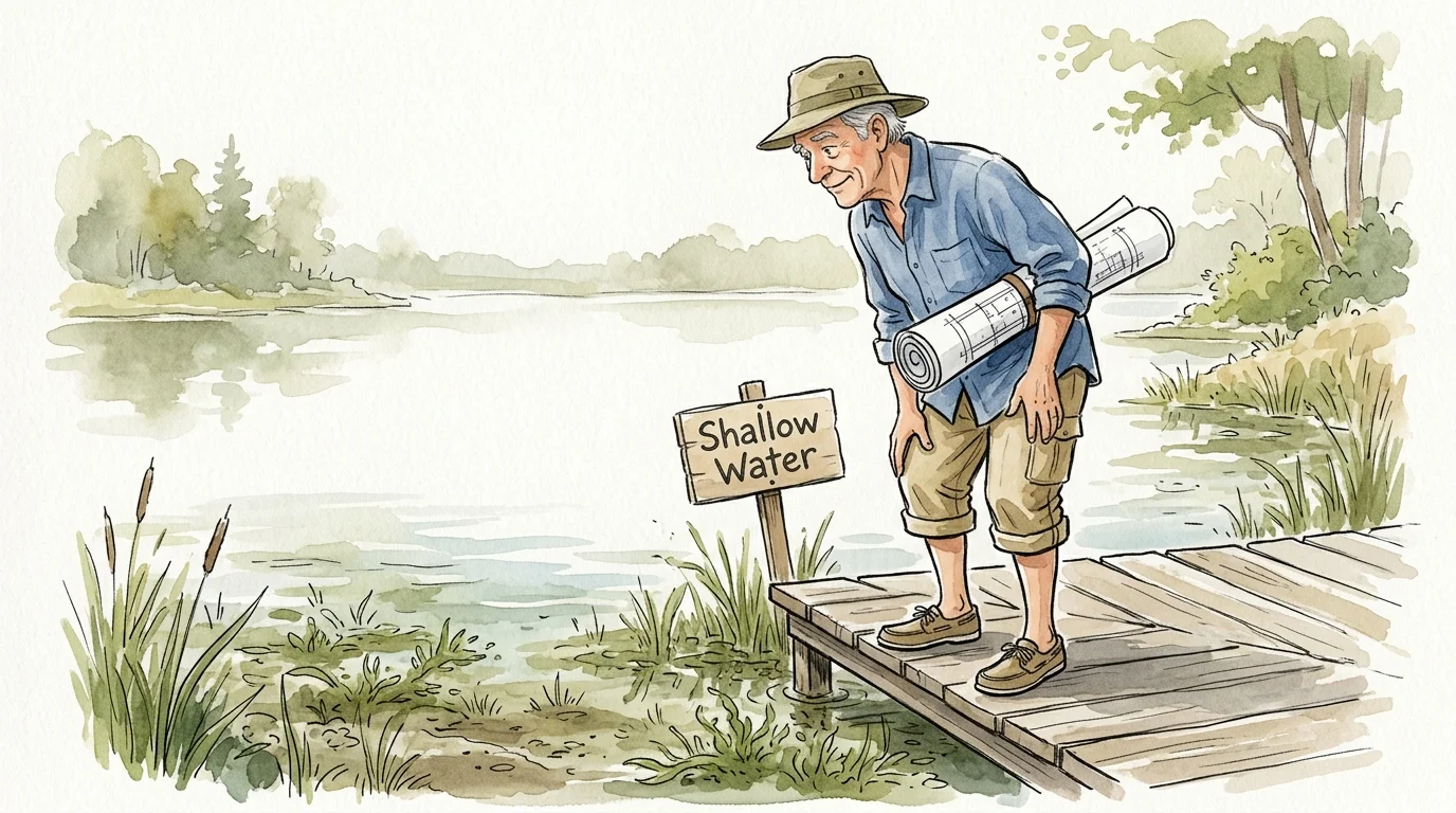 Watercolor illustration of a retiree looking down from a dock at a shallow, weedy lake edge, representing common buying mistakes.