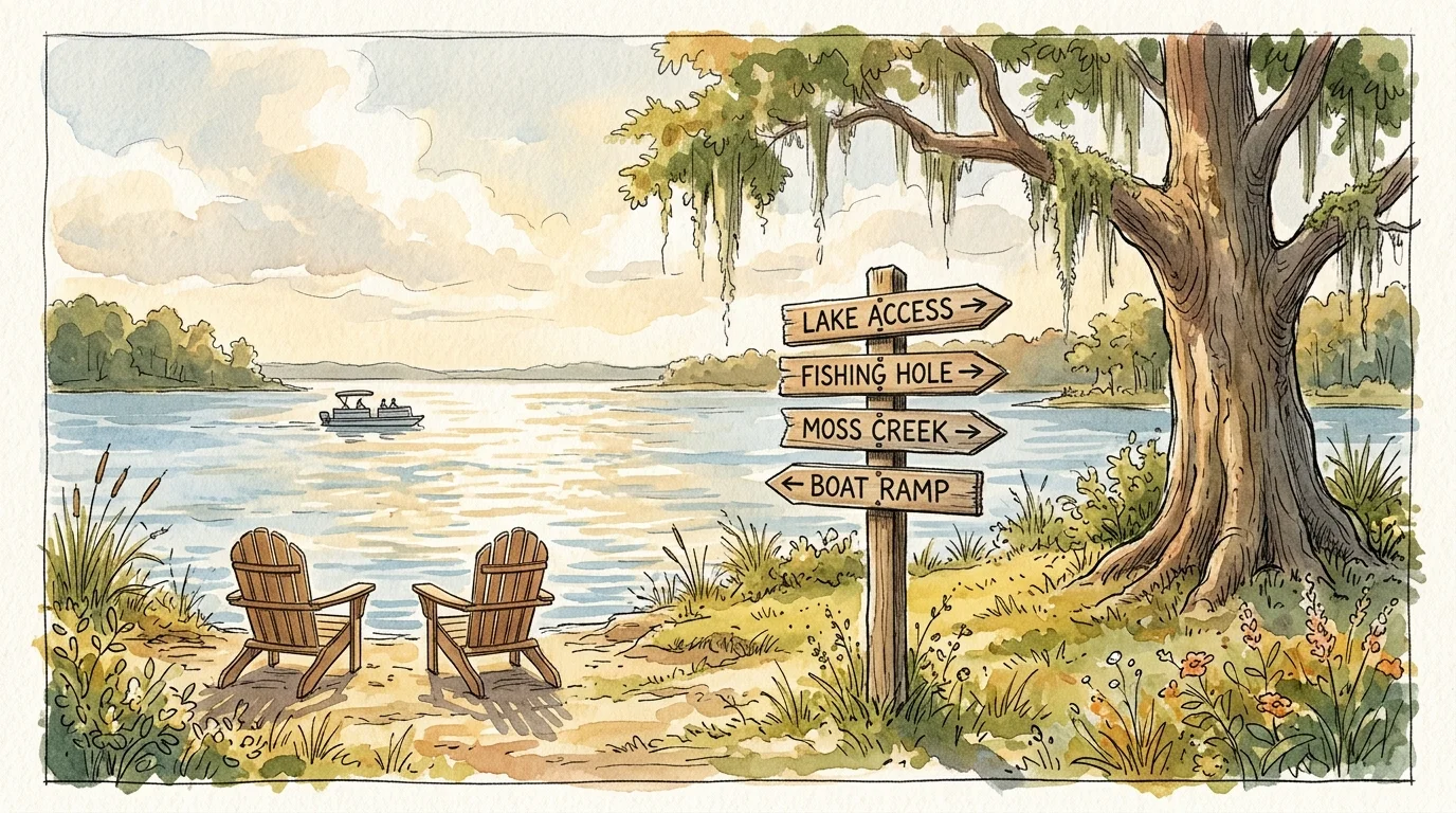 Watercolor illustration of a Southern lake shoreline with a cypress tree, Spanish moss, and Adirondack chairs looking out at the water.