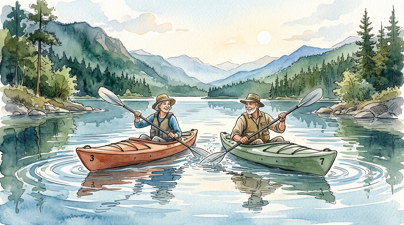 Watercolor illustration of an older couple happily paddling kayaks on a serene, forest-lined lake under a bright morning sky.