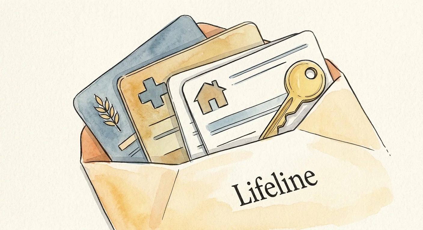 Watercolor illustration of various benefit cards and a key sliding into a Lifeline envelope, symbolizing automatic qualification.