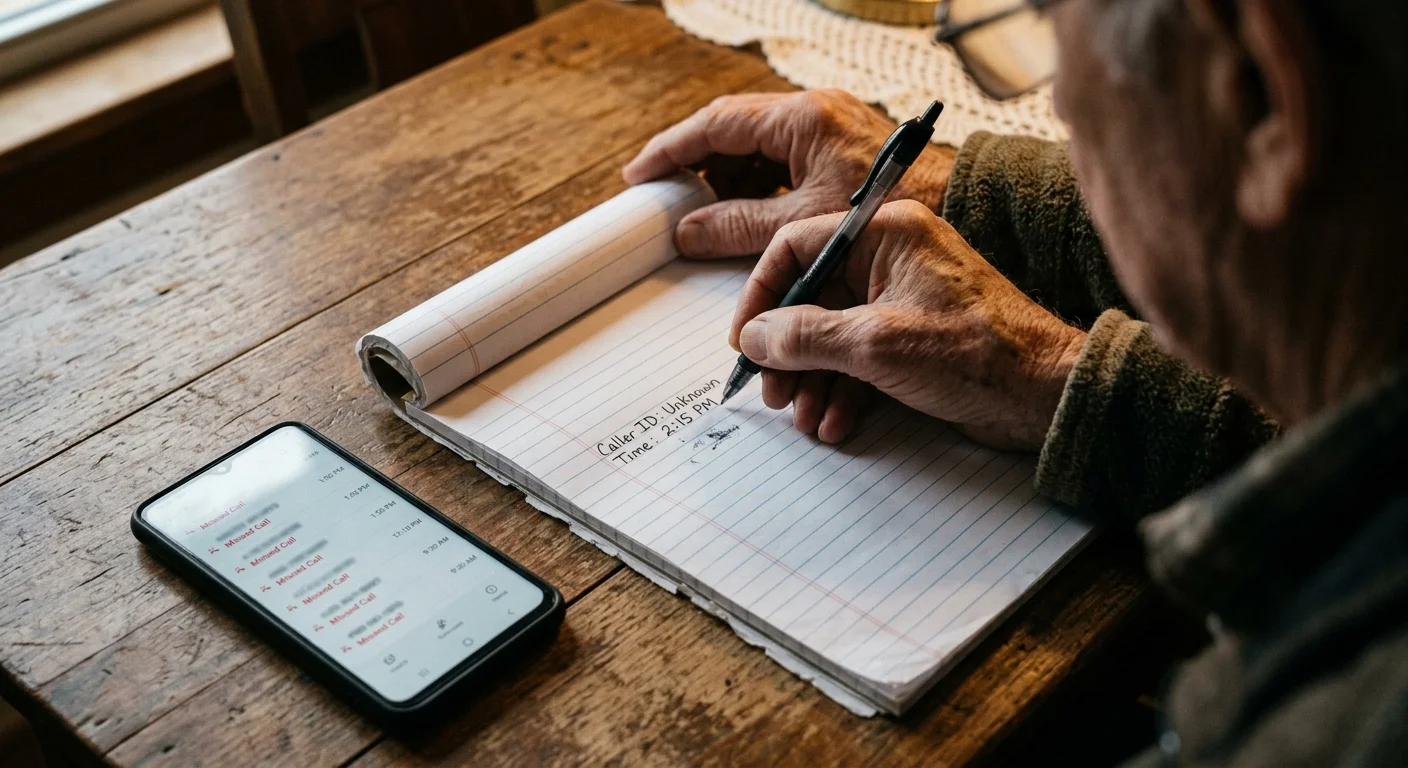 Weathered hands writing details of an unwanted call in a notebook next to a smartphone displaying a call log.