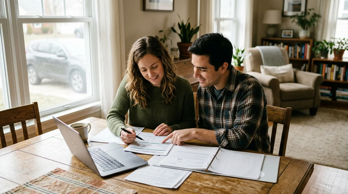 A man and woman review paperwork and a laptop together at a wooden dining table in a brightly lit living room.
