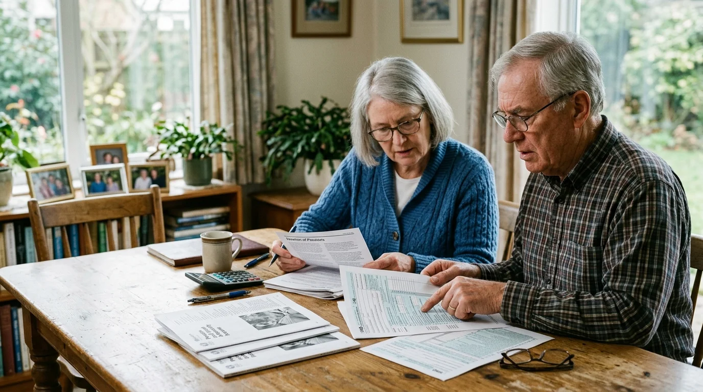 Senior couple sitting at a wooden dining table reviewing tax documents, paperwork, and forms together.