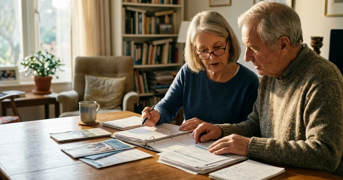 An older couple sits together at a wooden dining table reviewing paperwork, binders, and notes in a bright living room.