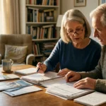 An older couple sits together at a wooden dining table reviewing paperwork, binders, and notes in a bright living room.