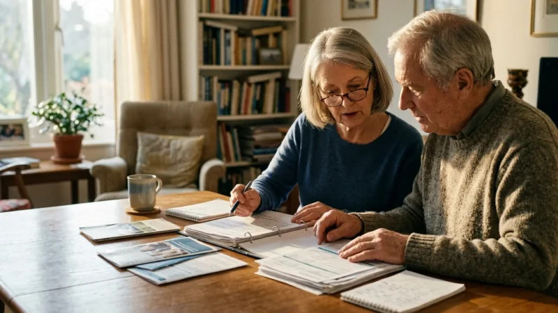 An older couple sits together at a wooden dining table reviewing paperwork, binders, and notes in a bright living room.