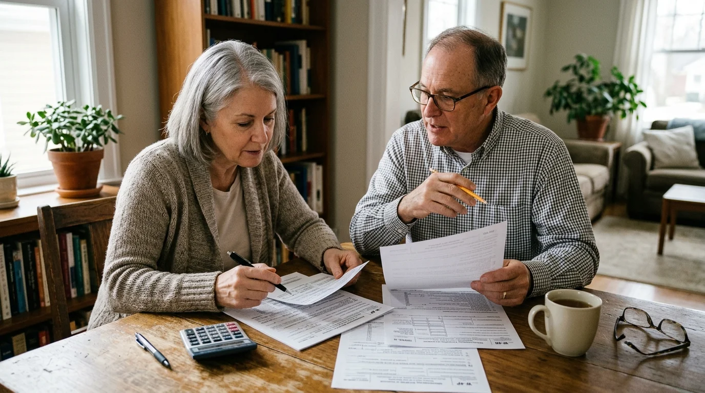 Older couple reviewing financial documents and tax forms with a calculator and pens at a wooden table.