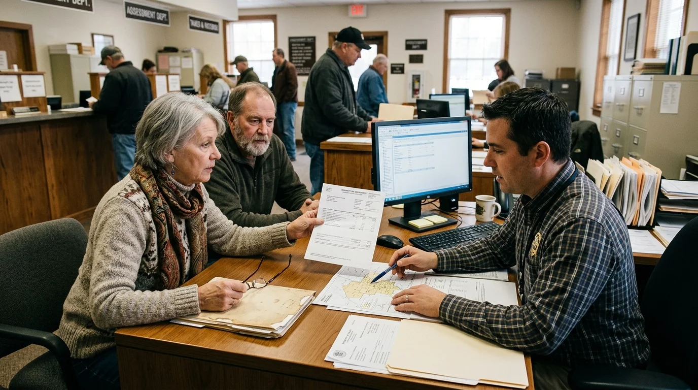 A senior couple sits at a county tax office desk discussing paperwork and a map with a municipal clerk.