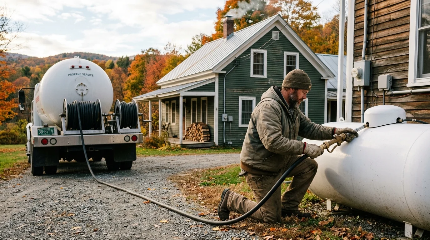 A delivery worker fills a residential propane tank from a propane service truck outside a rural home in autumn.