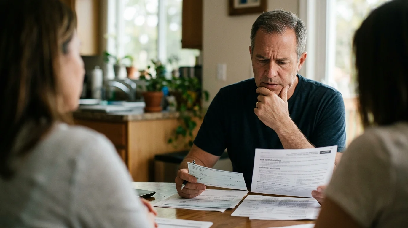 A thoughtful man sits at a kitchen table reviewing paperwork and a check with two people.